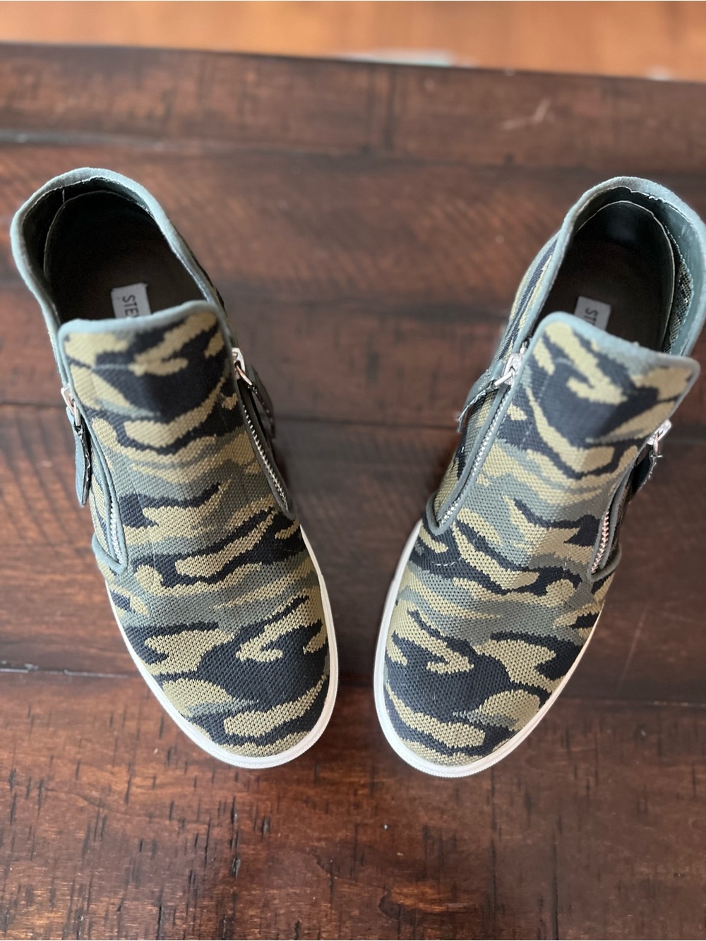 Steve Madden Women’s Camouflage Zip-Front Slip-On Wedge Sneakers - Green/Black